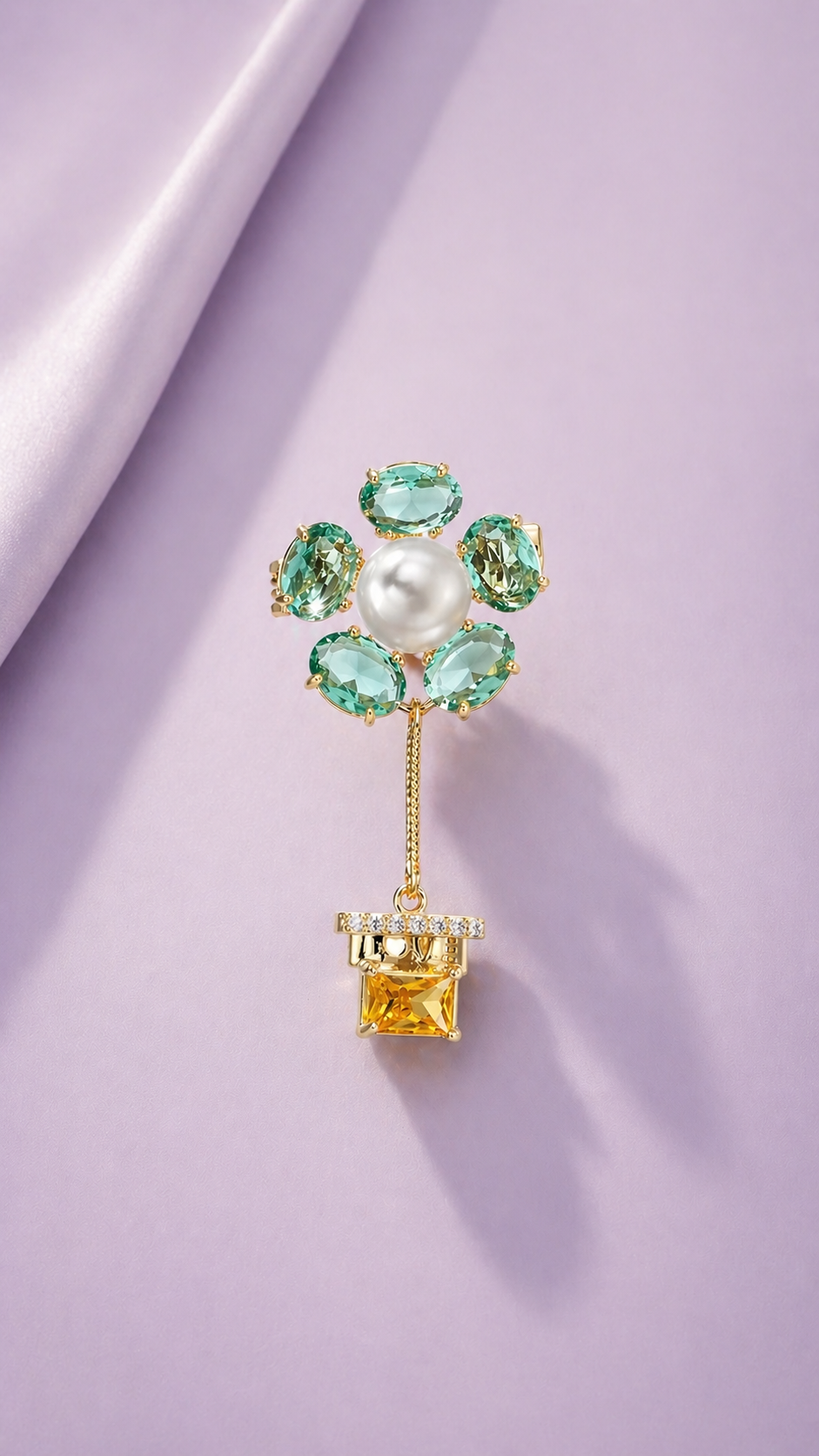 Potted Bloom - Gold Plated Tourmaline & Pearl Flower Brooch