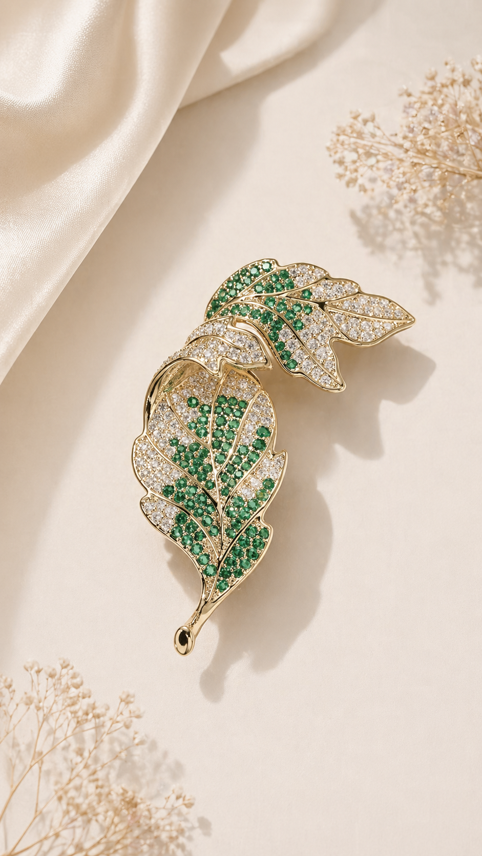 Emerald Leaf - Gold Plated Crystal Leaf Brooch