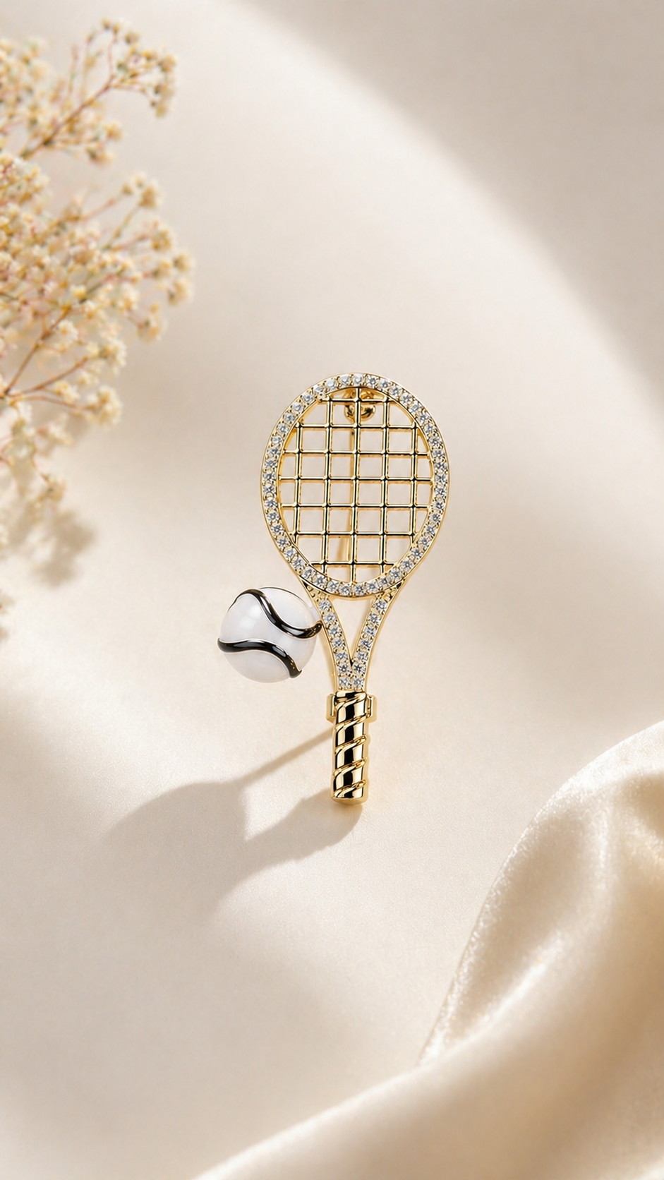 Match Point - Gold Crystal Tennis Racket Brooch