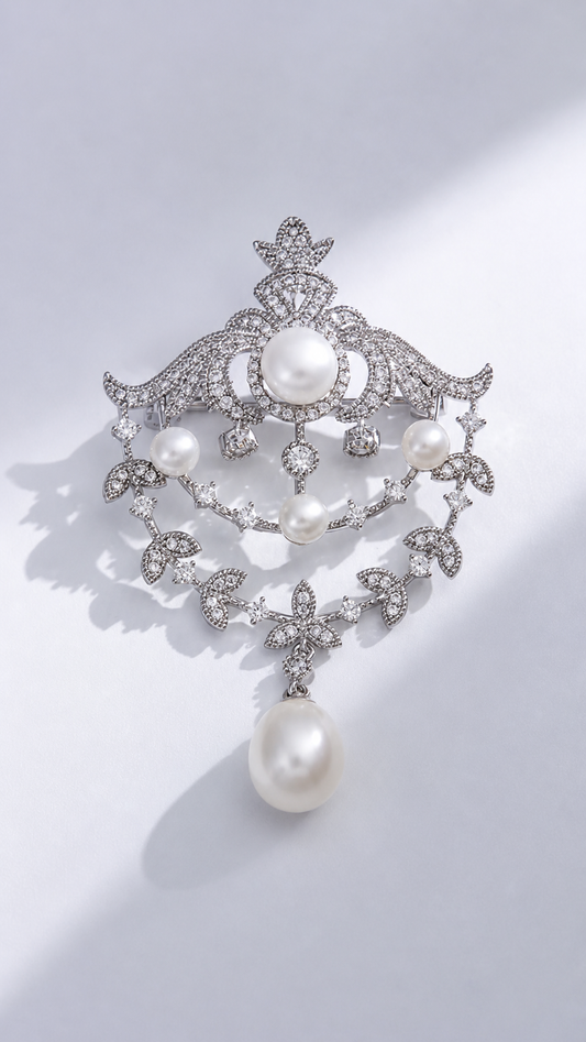 Regal Crest - Pearl & Crystal Crown Brooch