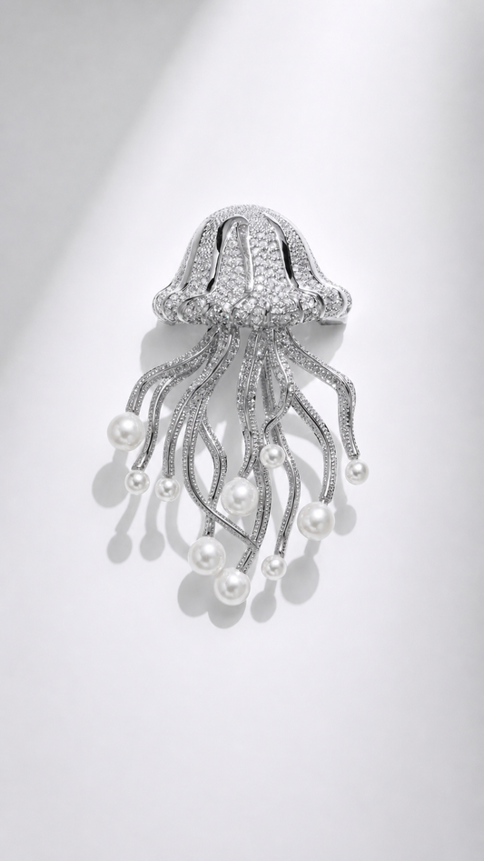 Royal Veil - Pearl & Crystal Jellyfish Brooch