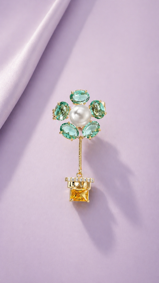 Potted Bloom - Gold Plated Tourmaline & Pearl Flower Brooch