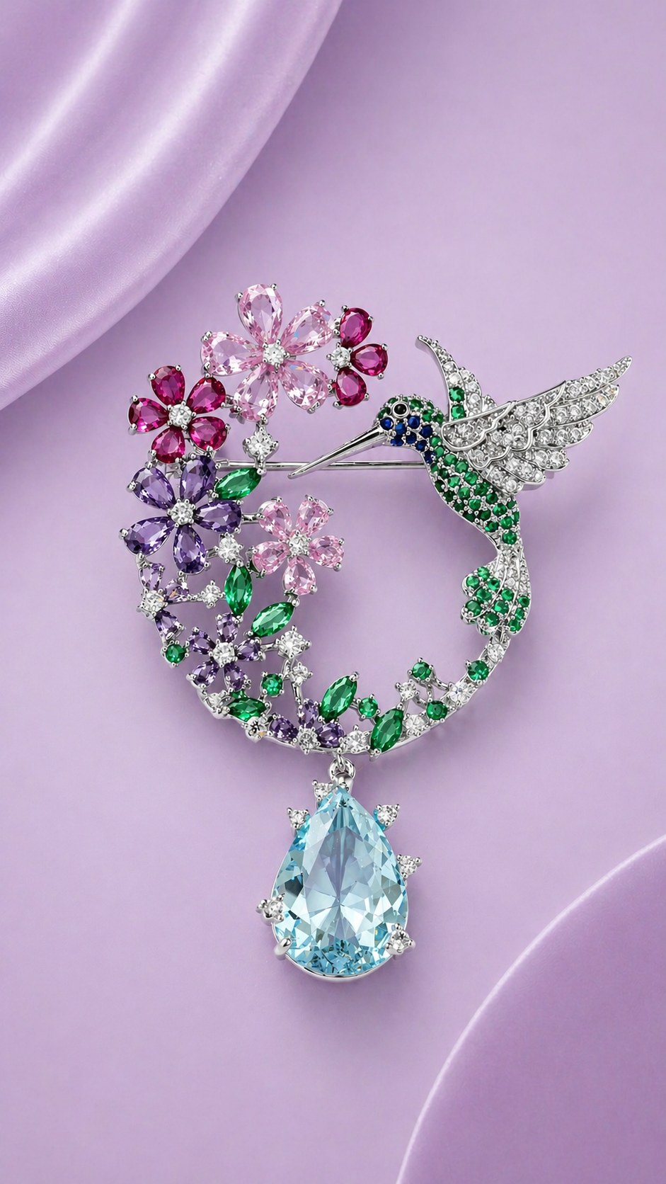 Petal Arc - Crystal Hummingbird & Floral Wreath Brooch