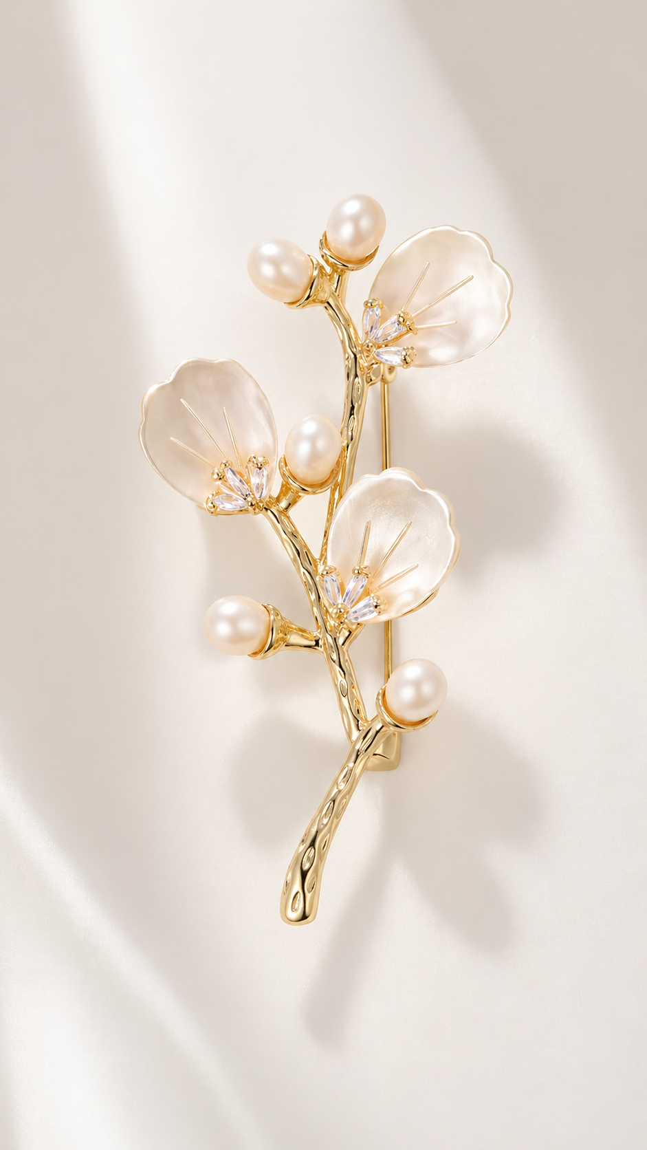 Ivory Bloom - 14k Gold Plated Pearl Floral Branch Brooch