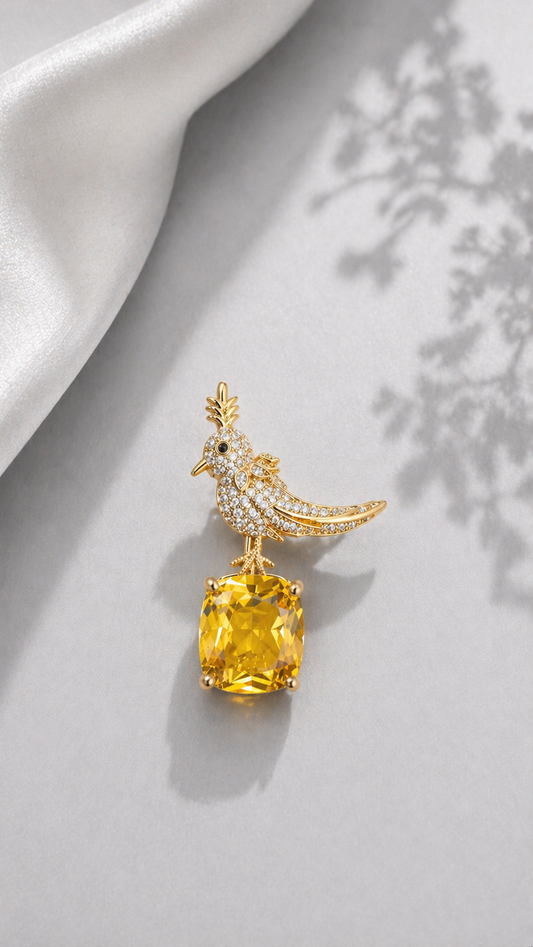 Ornate Perch - Gold Crystal Bird & Citrine Drop Brooch