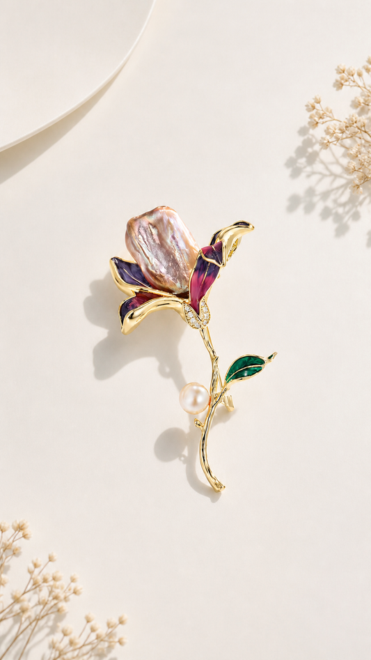 Pearl Rose - Enamel & Freshwater Pearl Floral Brooch