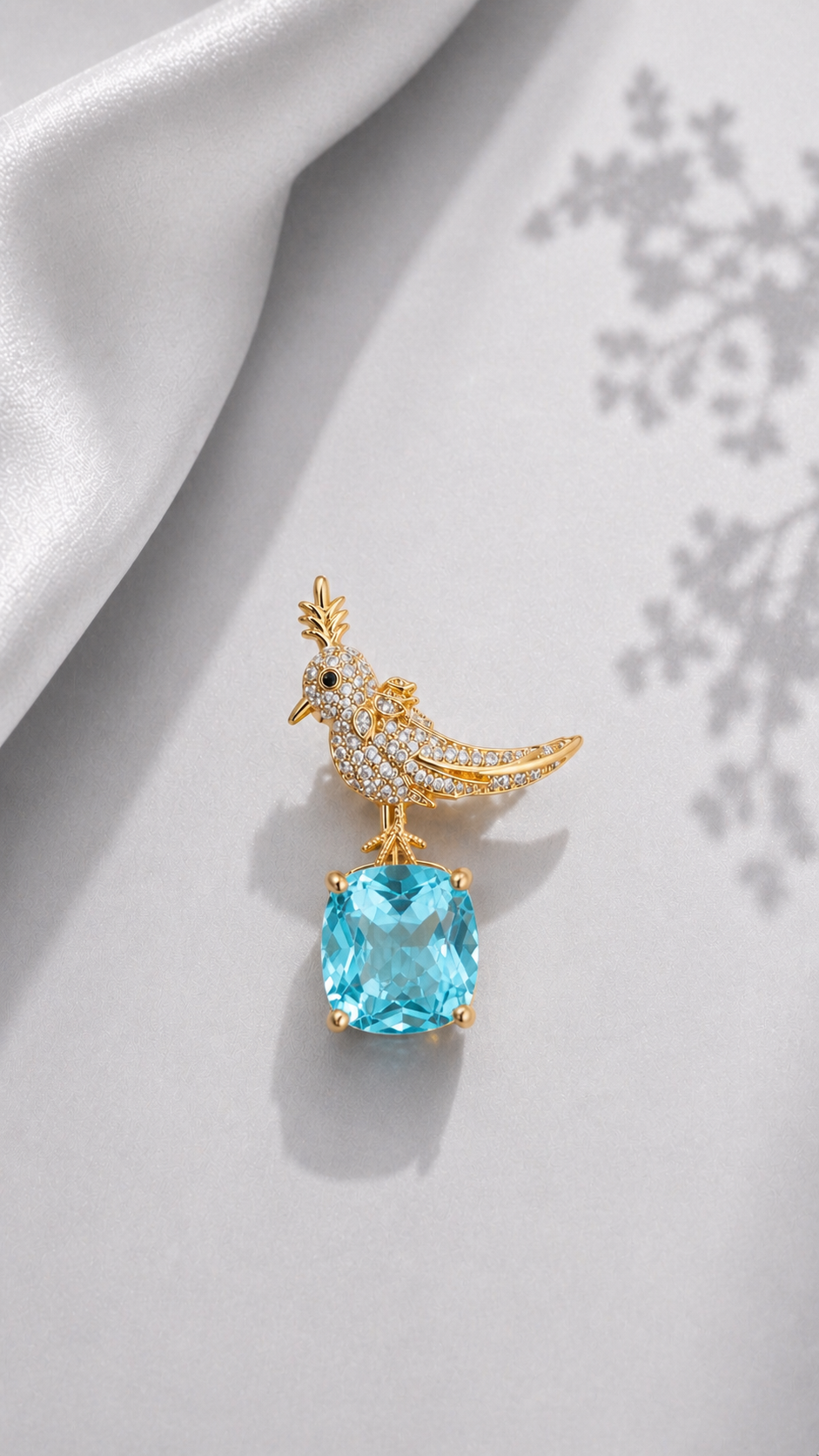 Ornate Perch - Gold Crystal Bird & Citrine Drop Brooch
