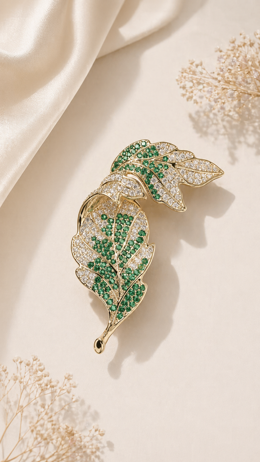 Emerald Leaf - Gold Plated Crystal Leaf Brooch