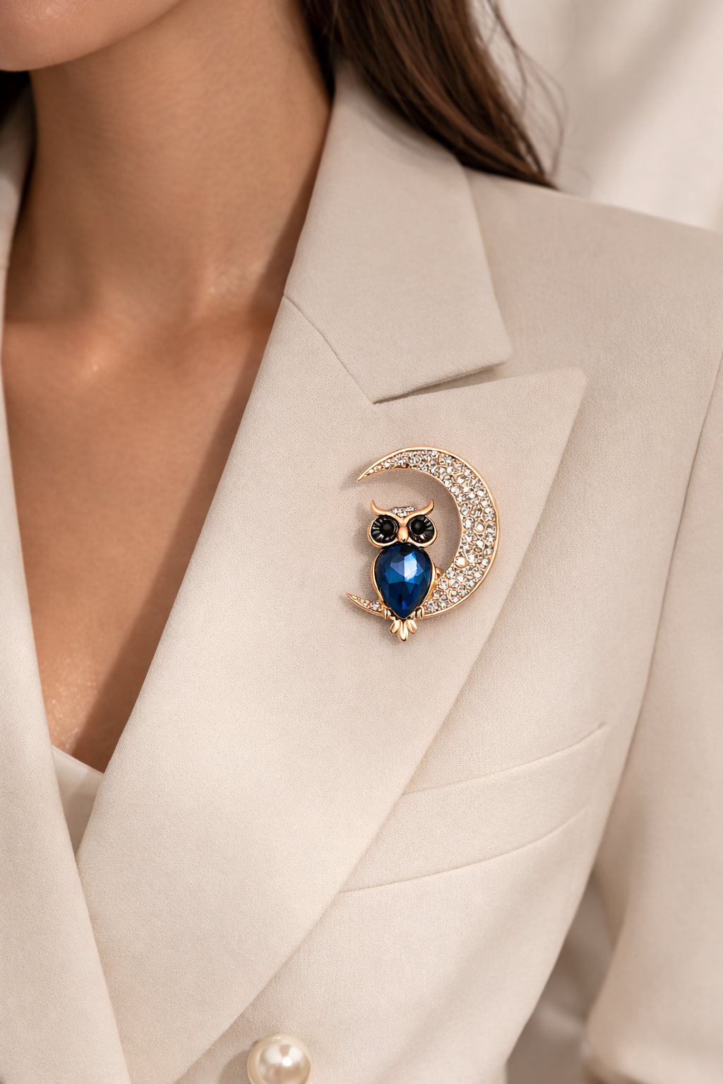 Midnight Scholar - Crystal Owl & Moon Brooch