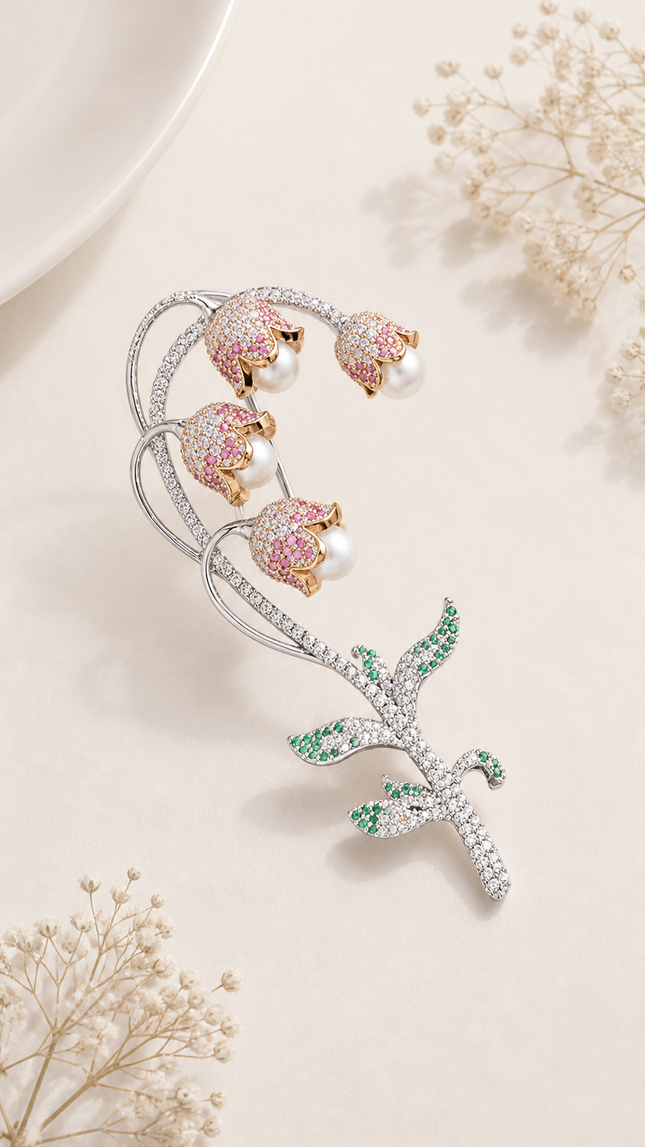 Blush Bloom - Pink Crystal Tulip & Pearl Brooch