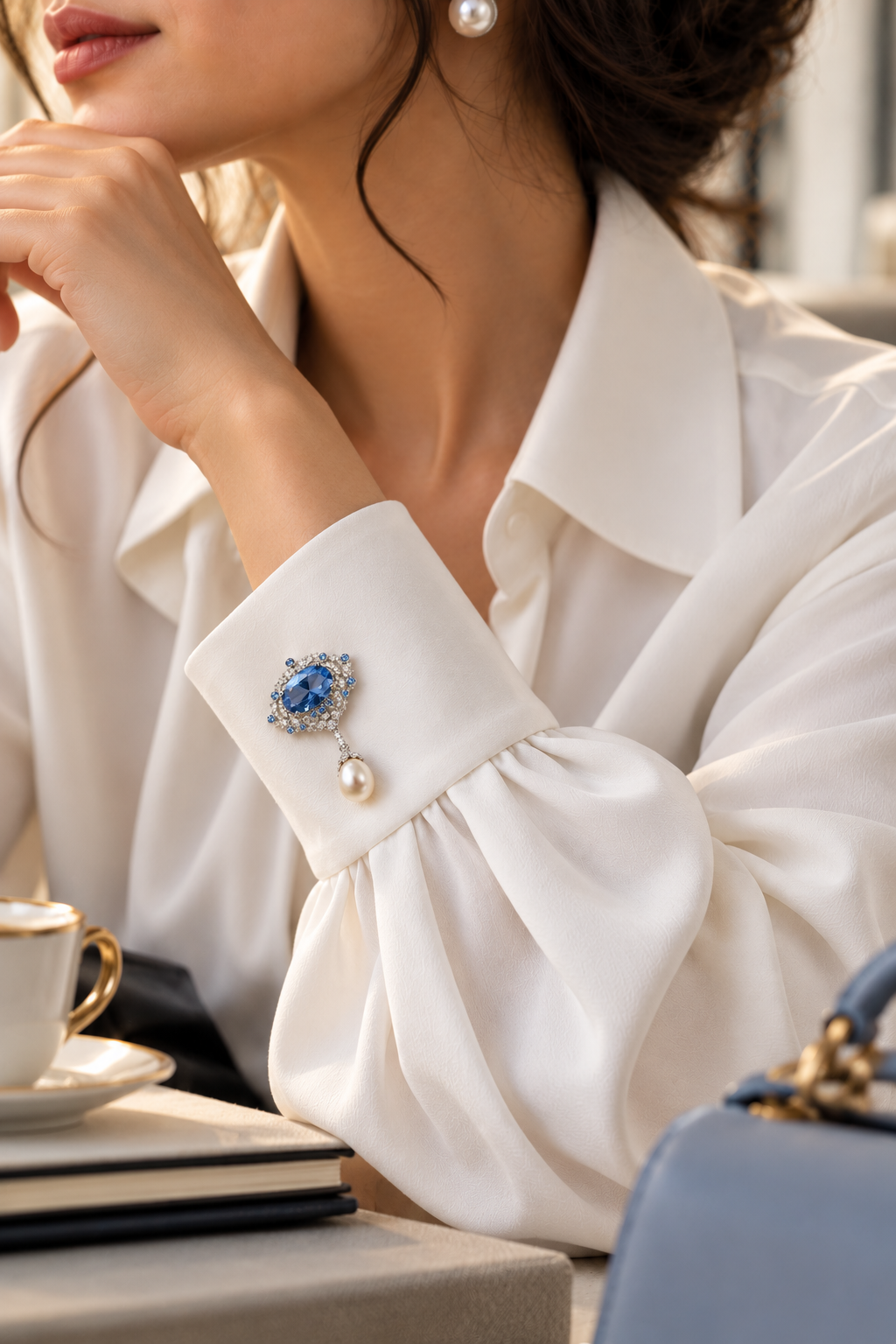 Blue Heirloom — Sapphire Crystal & Pearl Drop Brooch