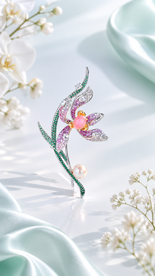 Orchid Grace - Opal & Crystal Orchid Brooch