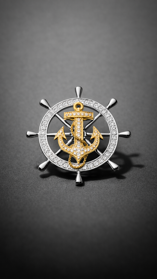 Captain's Mark - Gold Anchor & Crystal Nautical Brooch