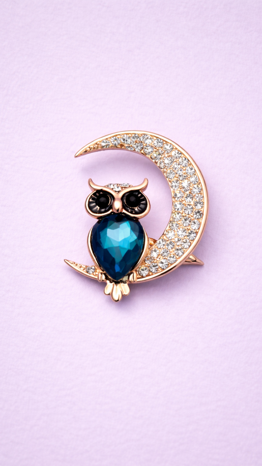 Midnight Scholar - Crystal Owl & Moon Brooch