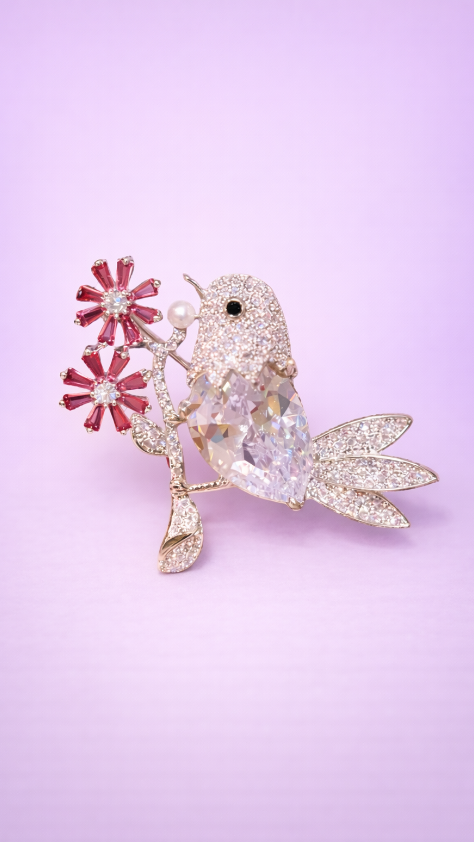 Pink Reverie - Crystal Bird & Blossom Brooch