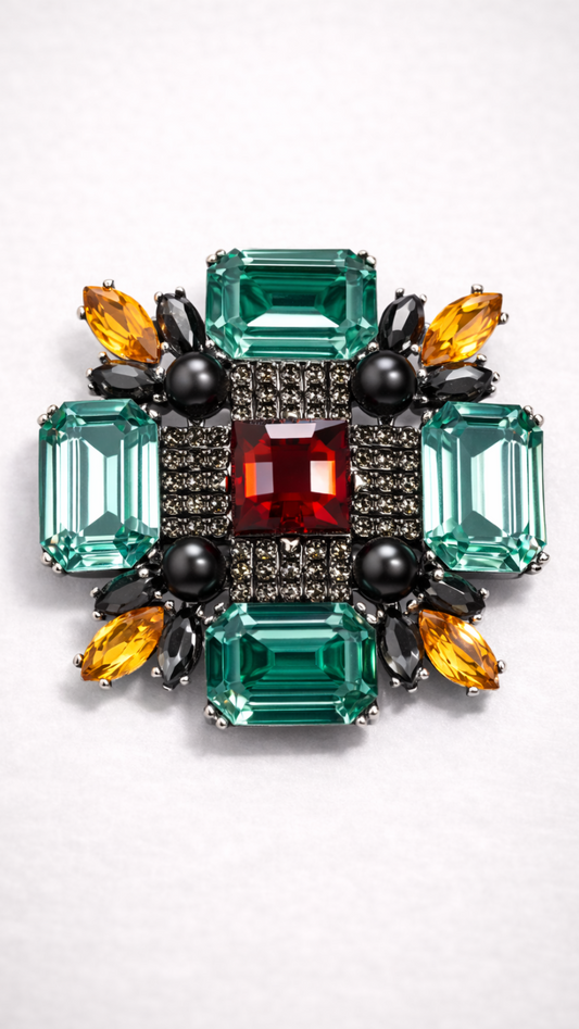 Fair Square - Multicolour Crystal Cross Brooch