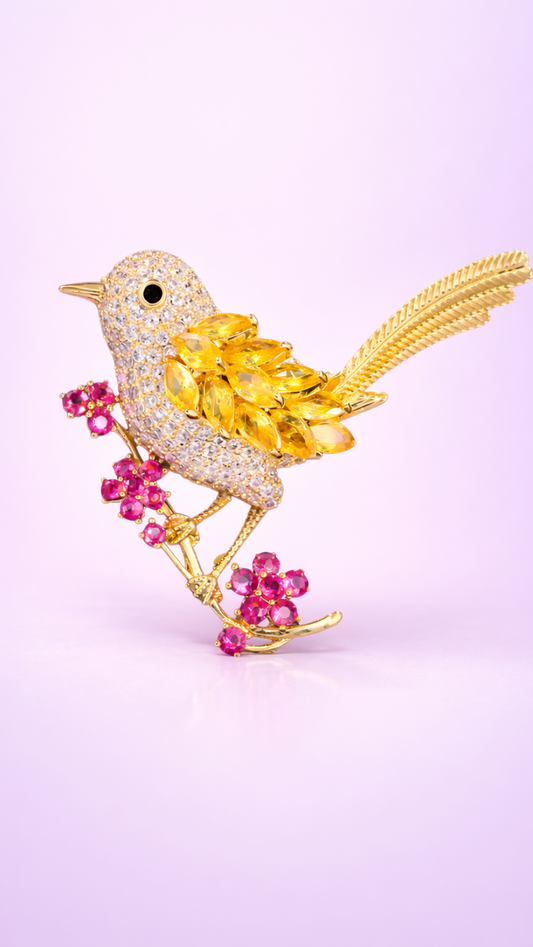 Citrine Muse - Gold Crystal Songbird Brooch