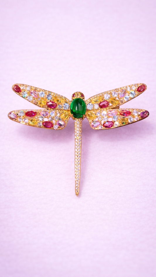 Crimson Muse - Ruby & Emerald Crystal Dragonfly Brooch