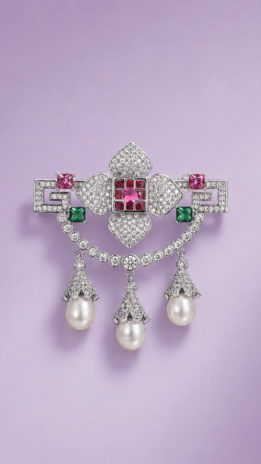 Gem Cascade - Art Deco Crystal & Pearl Drop Brooch