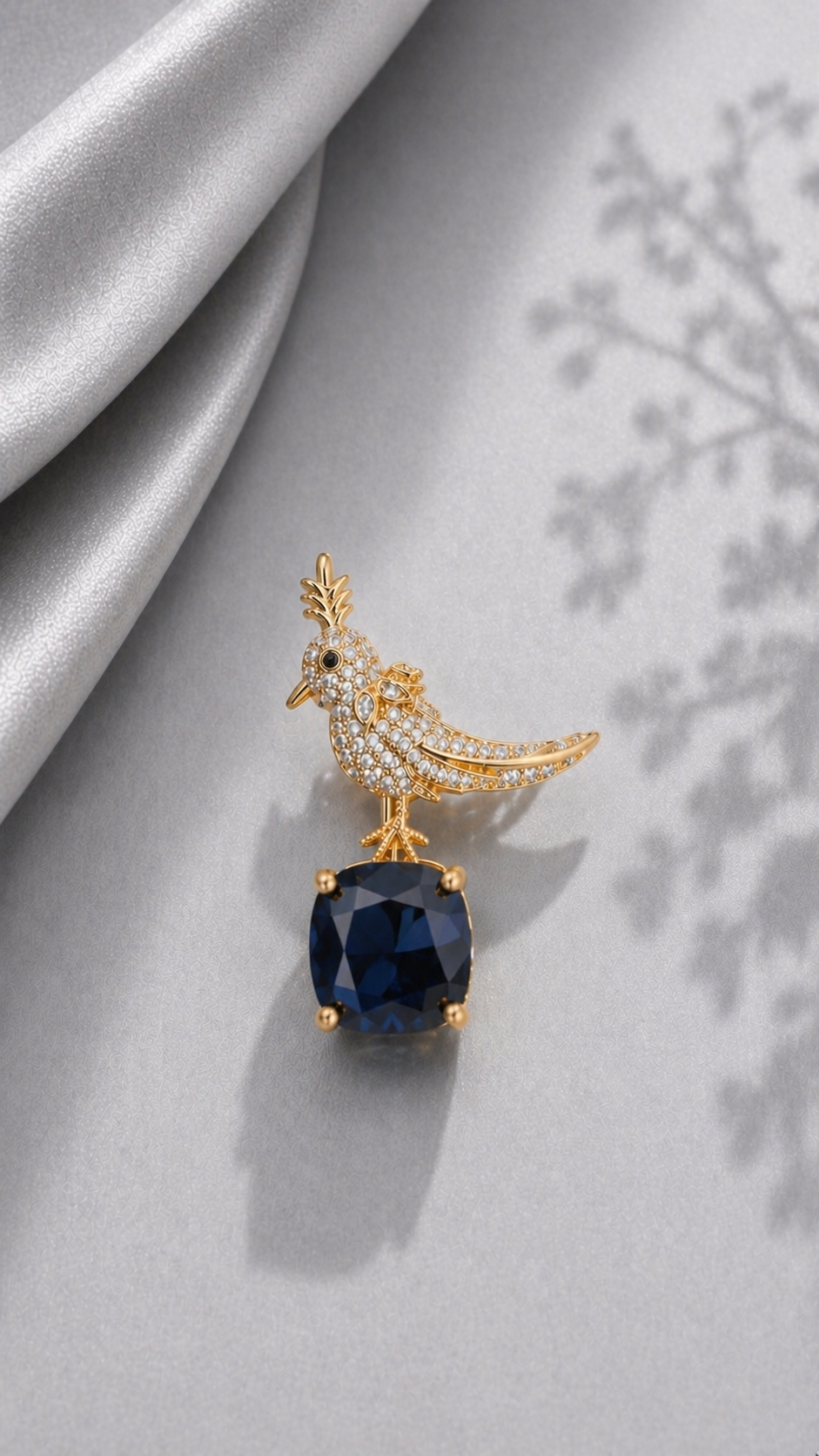Ornate Perch - Gold Crystal Bird & Citrine Drop Brooch