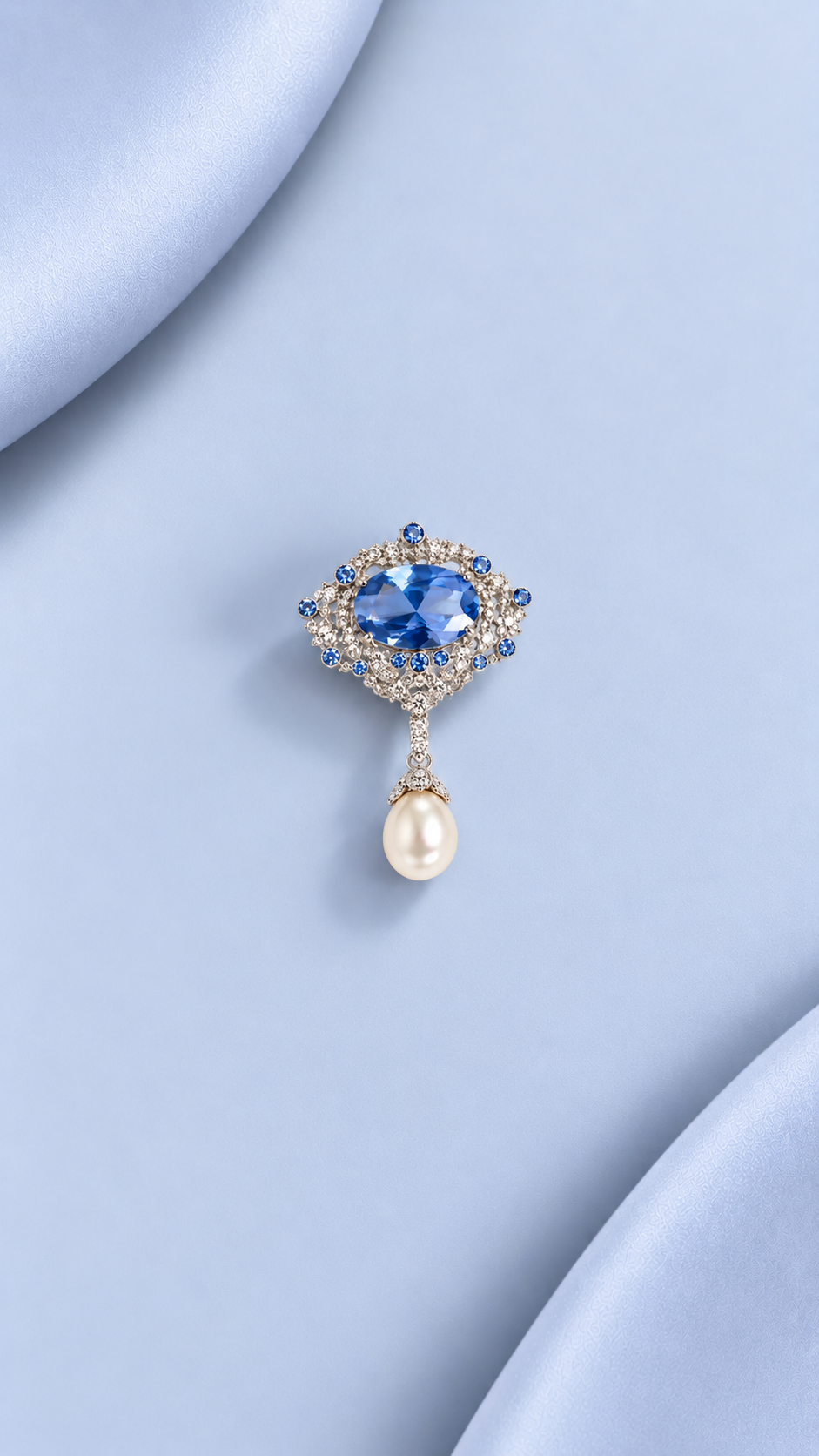 Blue Heirloom — Sapphire Crystal & Pearl Drop Brooch